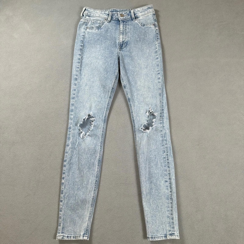 H&M Denim Ultra High Waist Curvy Jeggings Light Wash Distressed Size 2